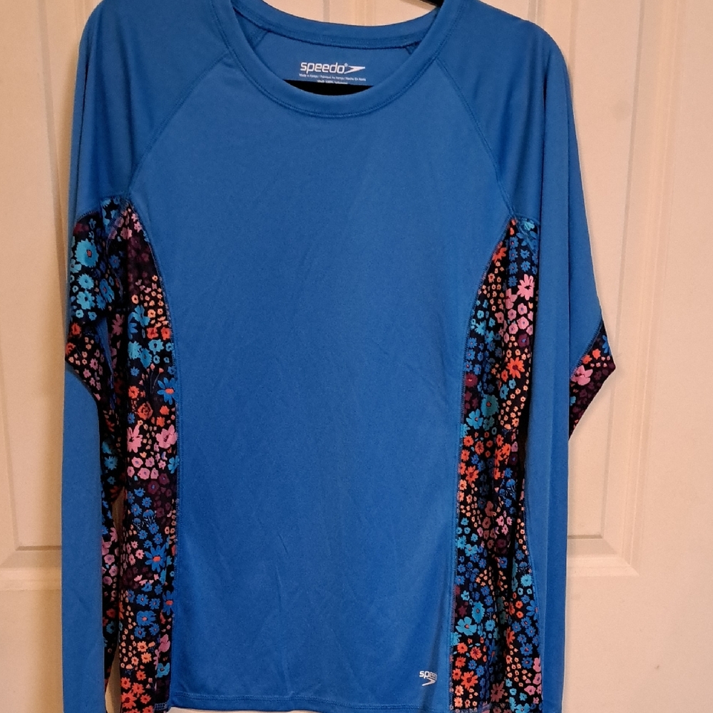 Speedo Blue Swim Shirt with Floral Accents